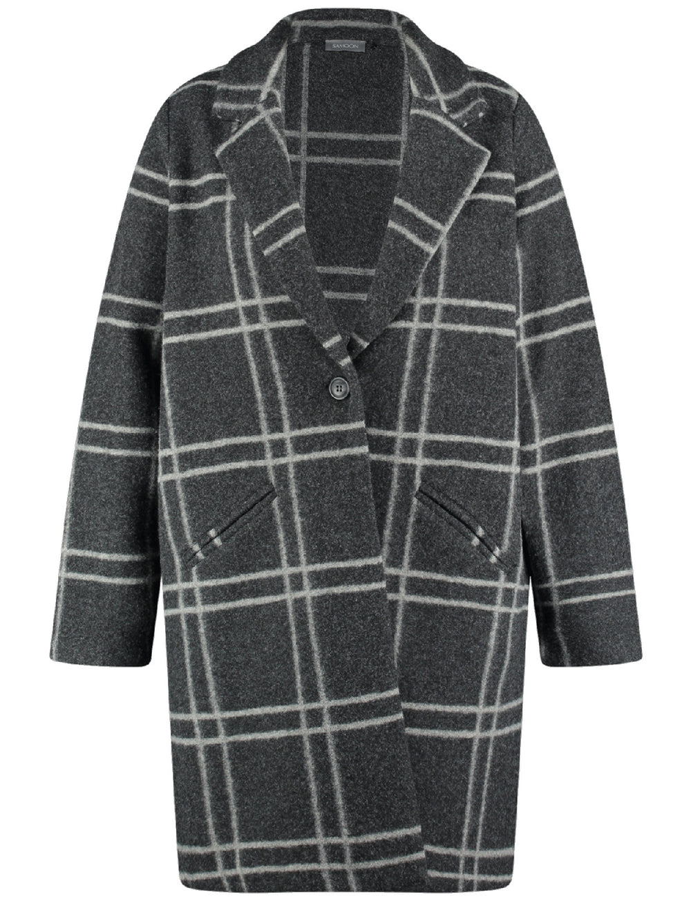 front view of Samoon plus size Window Pane Plaid Coat with Notch Lapel in Charcoal Plaid