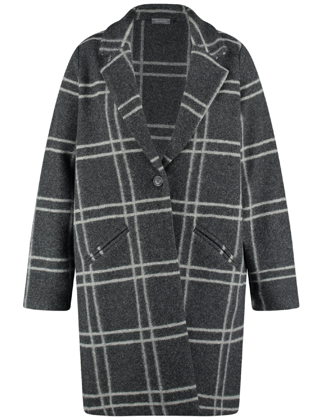 front view of Samoon plus size Window Pane Plaid Coat with Notch Lapel in Charcoal Plaid