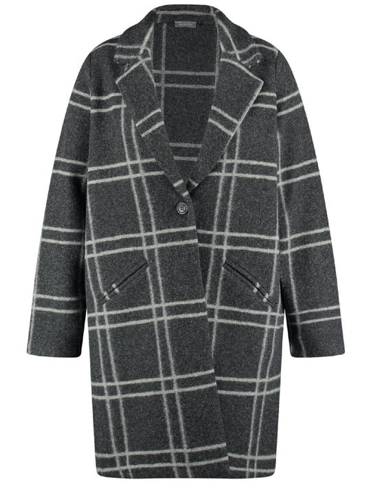 front view of Samoon plus size Window Pane Plaid Coat with Notch Lapel in Charcoal Plaid