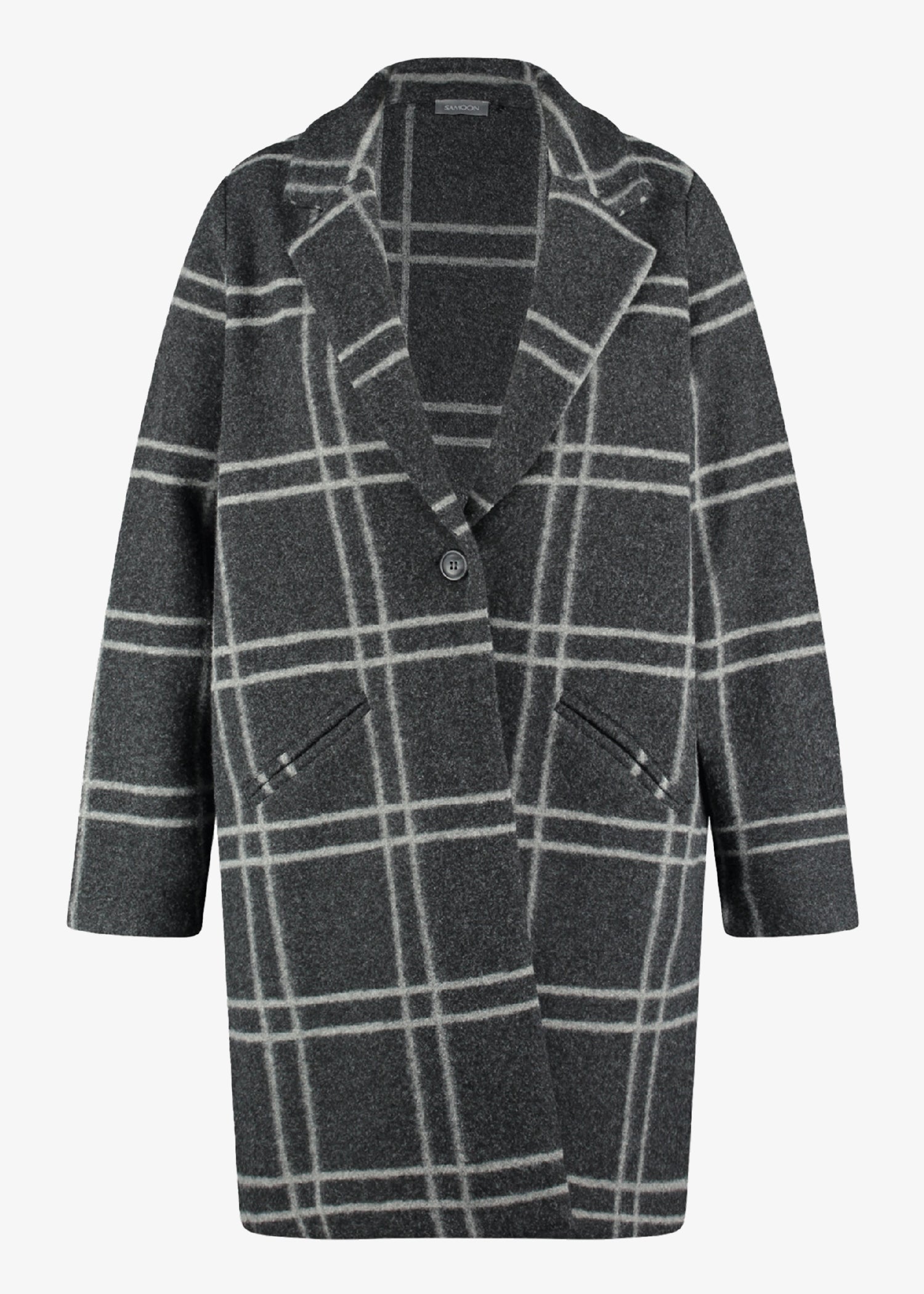 Samoon Window Pane Plaid Coat with Notch Lapel in Charcoal Plaid