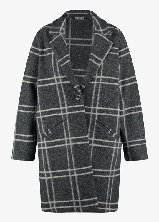 Samoon Window Pane Plaid Coat with Notch Lapel in Charcoal Plaid
