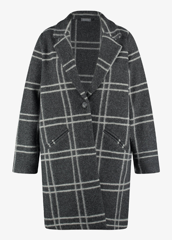 Samoon Window Pane Plaid Coat with Notch Lapel in Charcoal Plaid