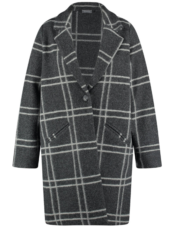 front view of Samoon plus size Window Pane Plaid Coat with Notch Lapel in Charcoal Plaid