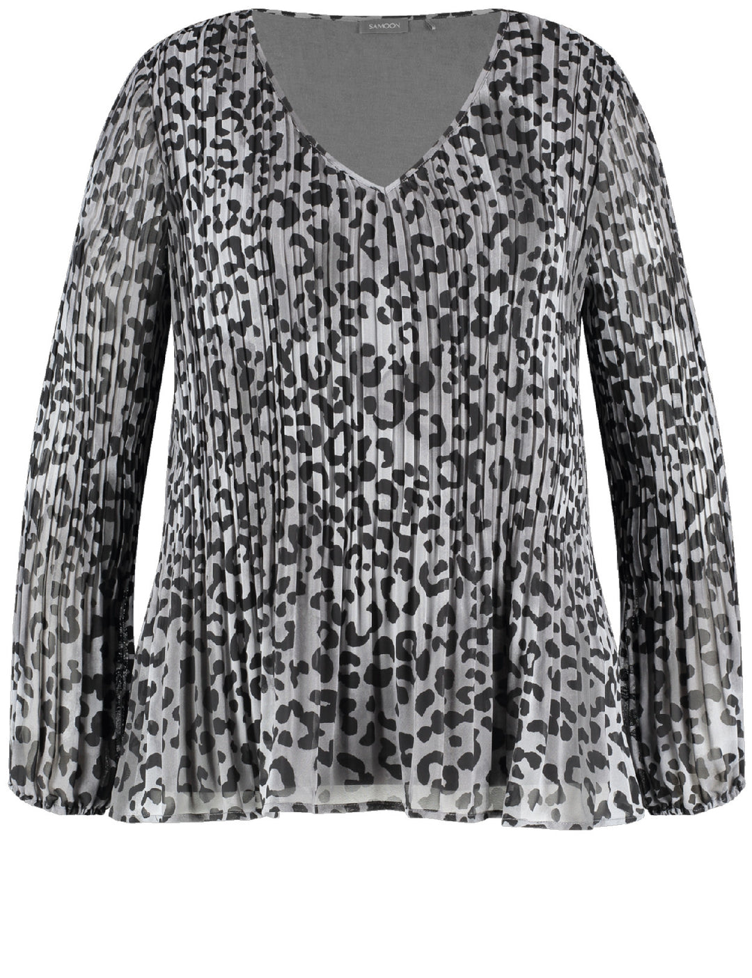 Front view of Samoon plus size Animal Print V-Neck Plisse Pleated Top in Grey Prt