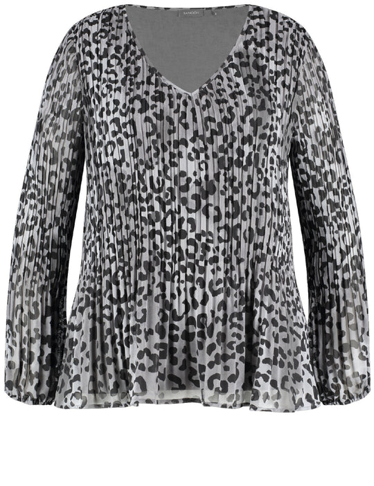 Front view of Samoon plus size Animal Print V-Neck Plisse Pleated Top in Grey Prt