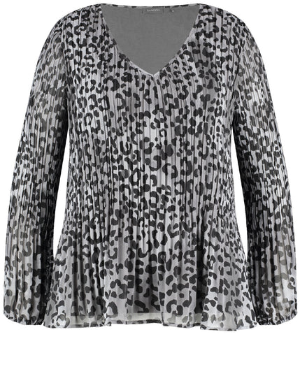 Front view of Samoon plus size Animal Print V-Neck Plisse Pleated Top in Grey Prt