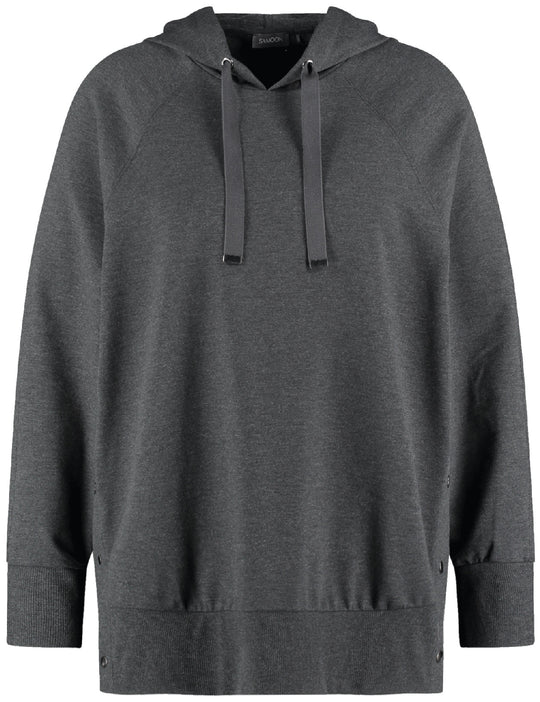 front view of Samoon plus size Long sleeve Hoodie With Tape Drawstring in Charcoal Melange