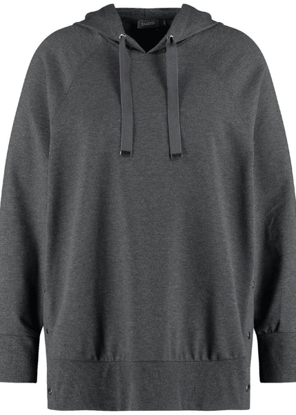 front view of Samoon plus size Long sleeve Hoodie With Tape Drawstring in Charcoal Melange