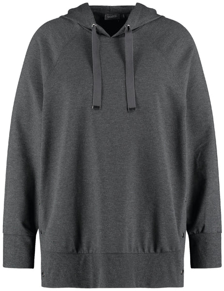 front view of Samoon plus size Long sleeve Hoodie With Tape Drawstring in Charcoal Melange