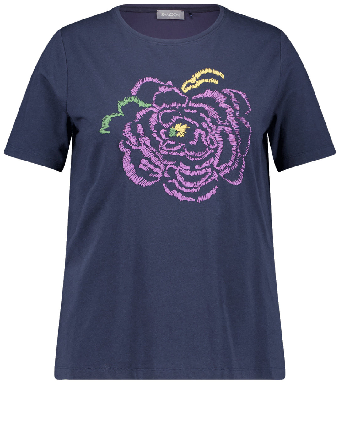 front view of plus size Samoon Placed Print Floral Tee in Lake Blue Print