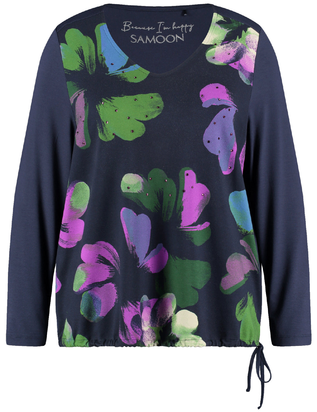 front view of plus size Samoon long sleeve floral blouson with Jersey in Lake Blue Print