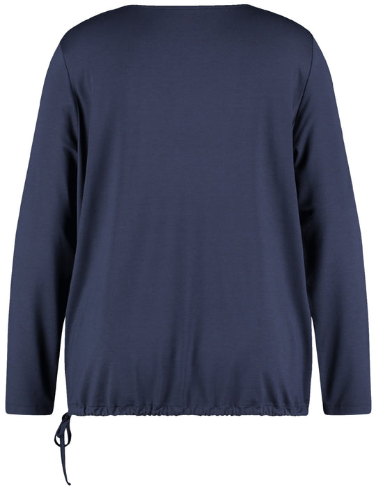 back view of plus size Samoon long sleeve floral blouson with Jersey in Lake Blue Print