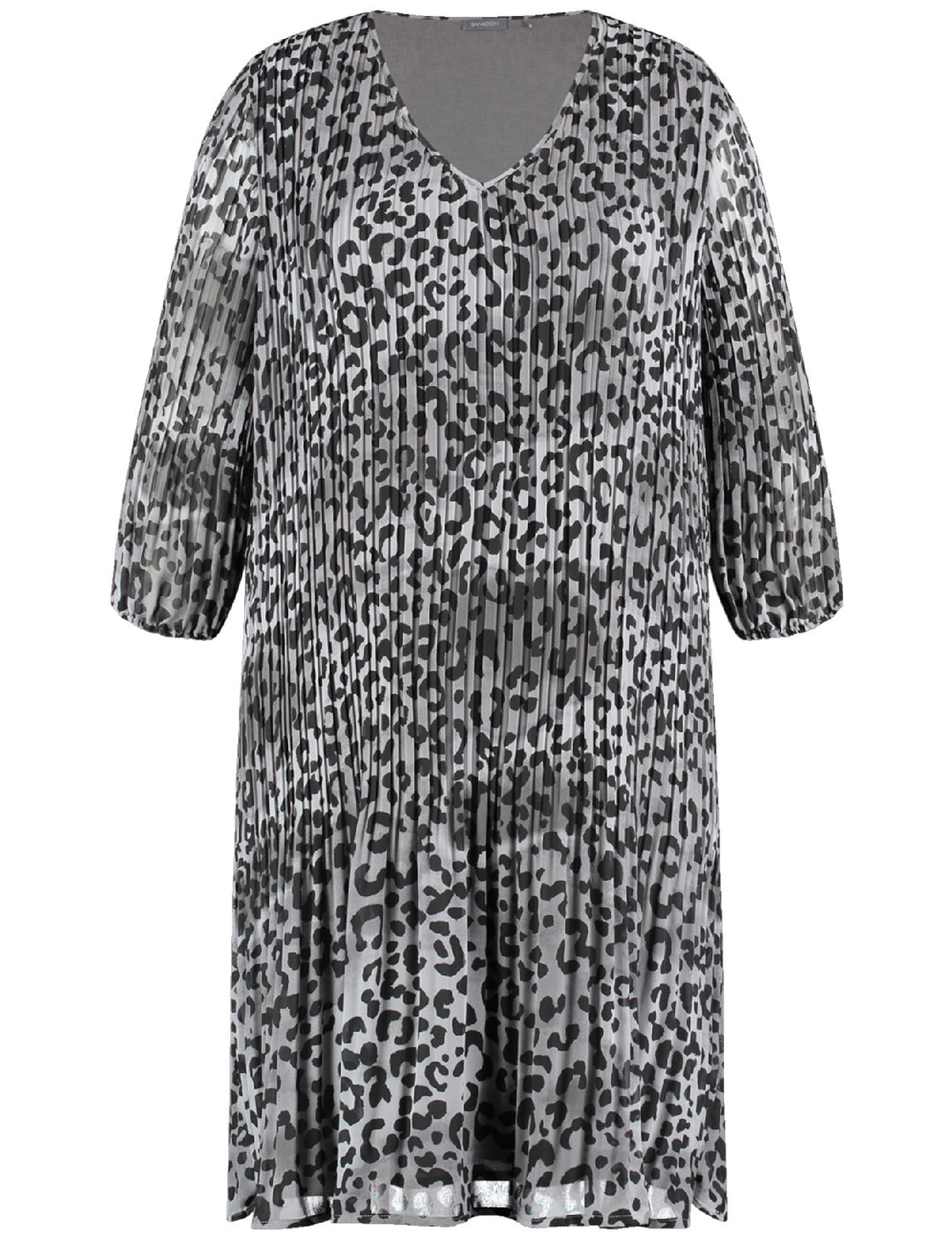 front view of Samoon plus size Animal Print V Neck Long Plisse Pleated Dress in Grey Print