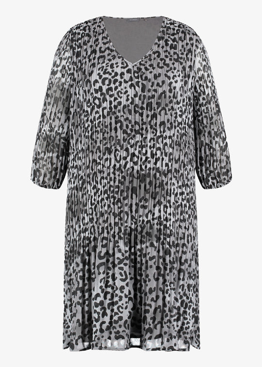 Samoon Animal Print V Neck Long Plisse Pleated Dress in Grey Print