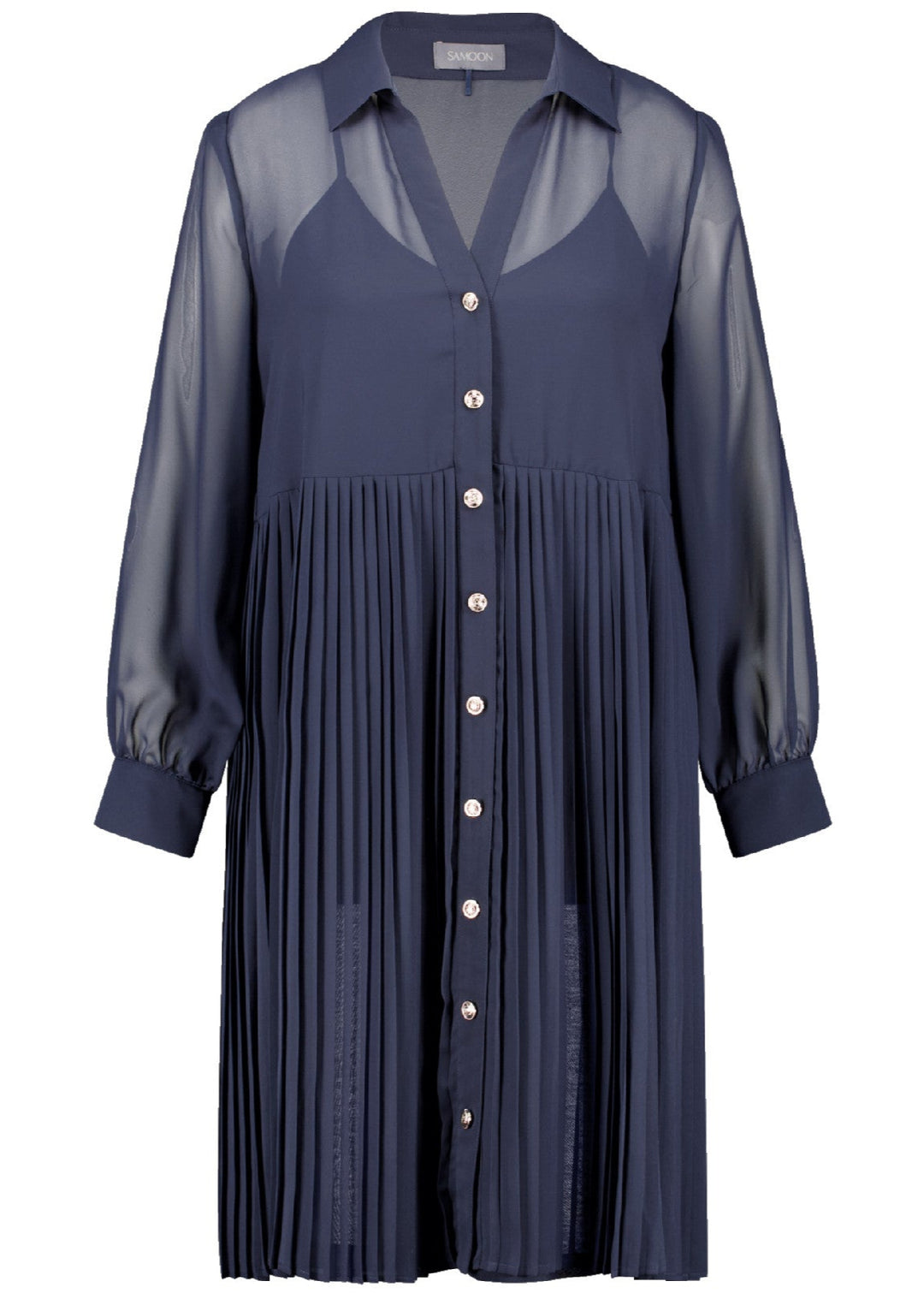 front view of plus size Samoon Sheer Shirt Dress With Slip in Dark Lake Blue