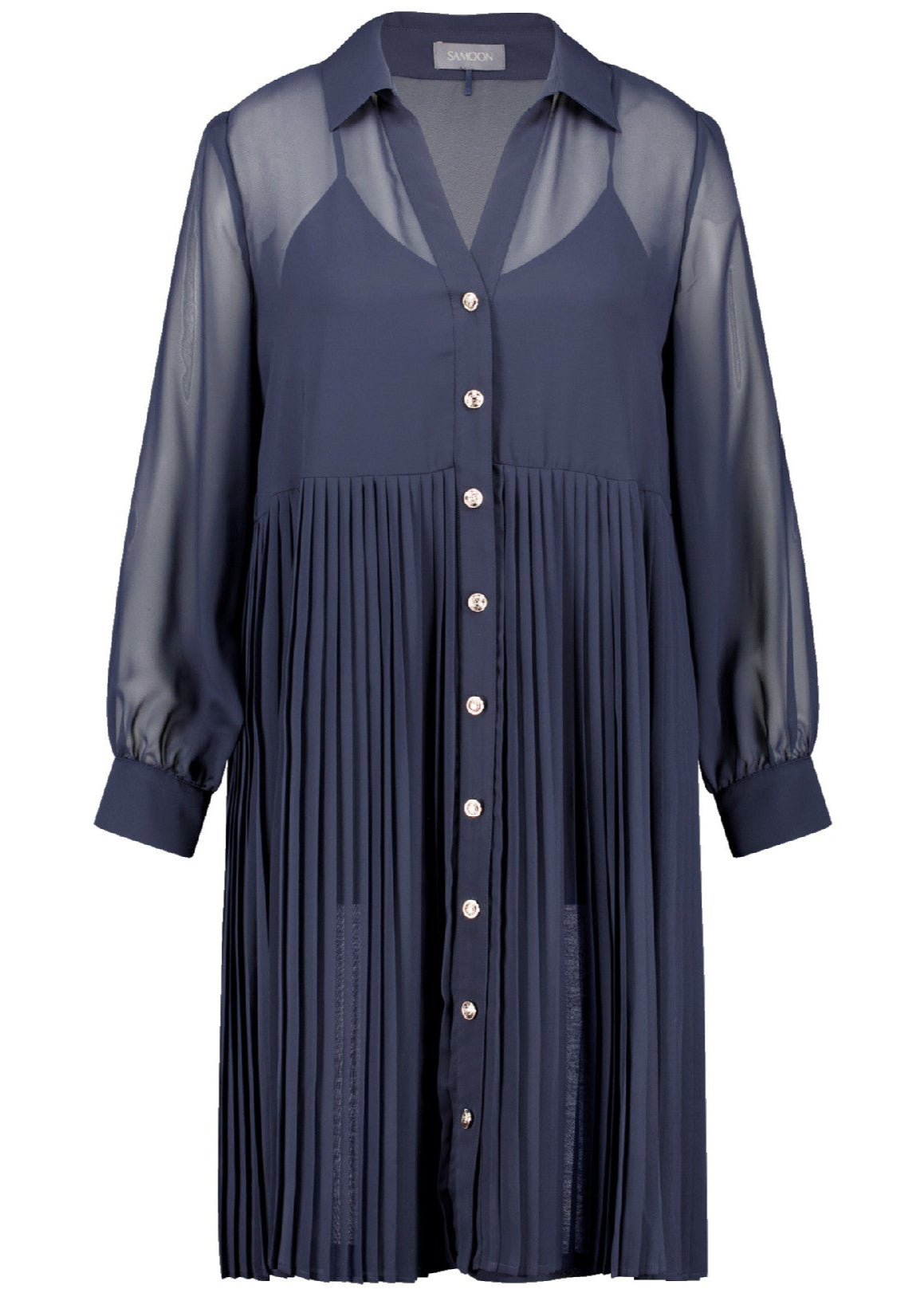 front view of plus size Samoon Sheer Shirt Dress With Slip in Dark Lake Blue