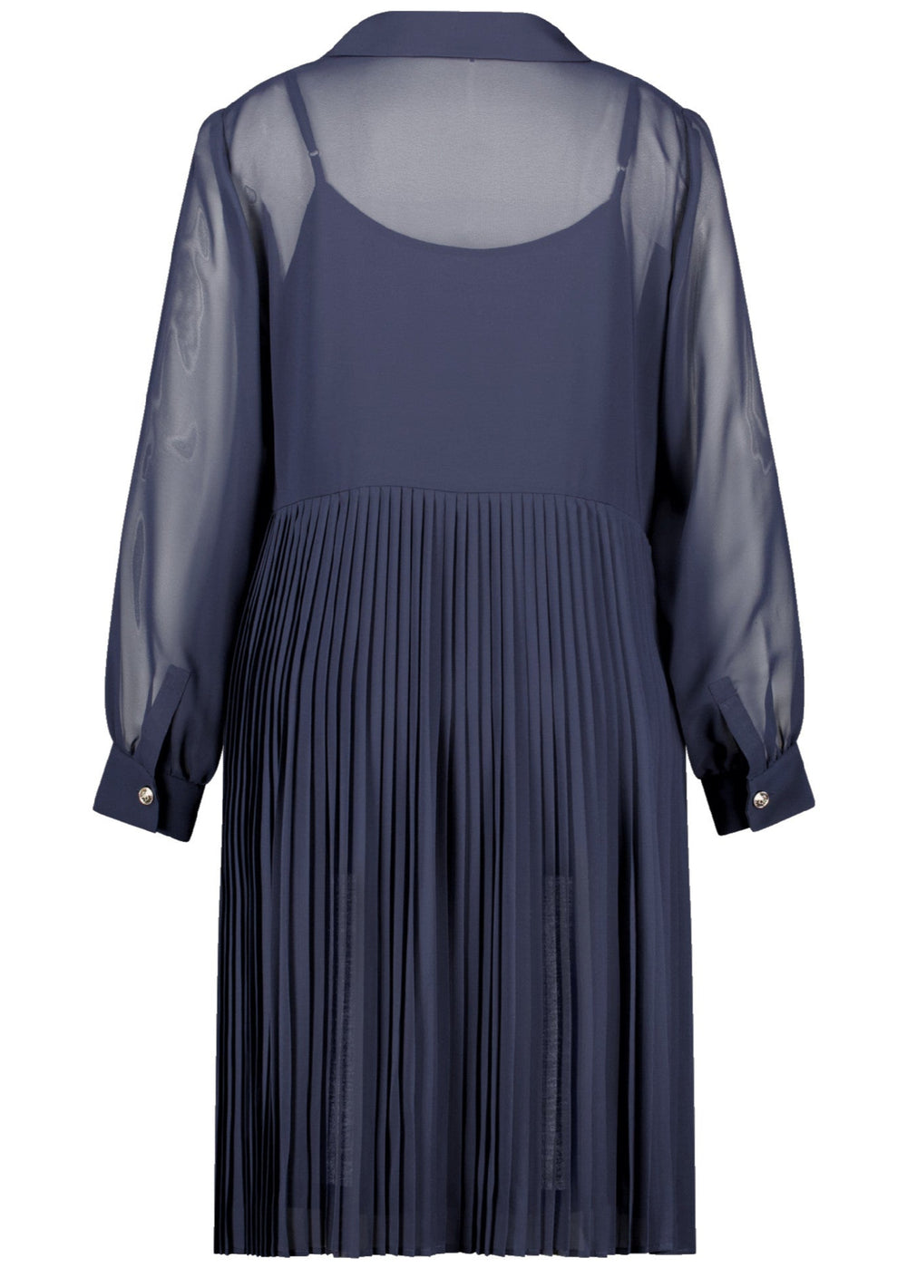 back view of plus size Samoon Sheer Shirt Dress With Slip in Dark Lake Blue