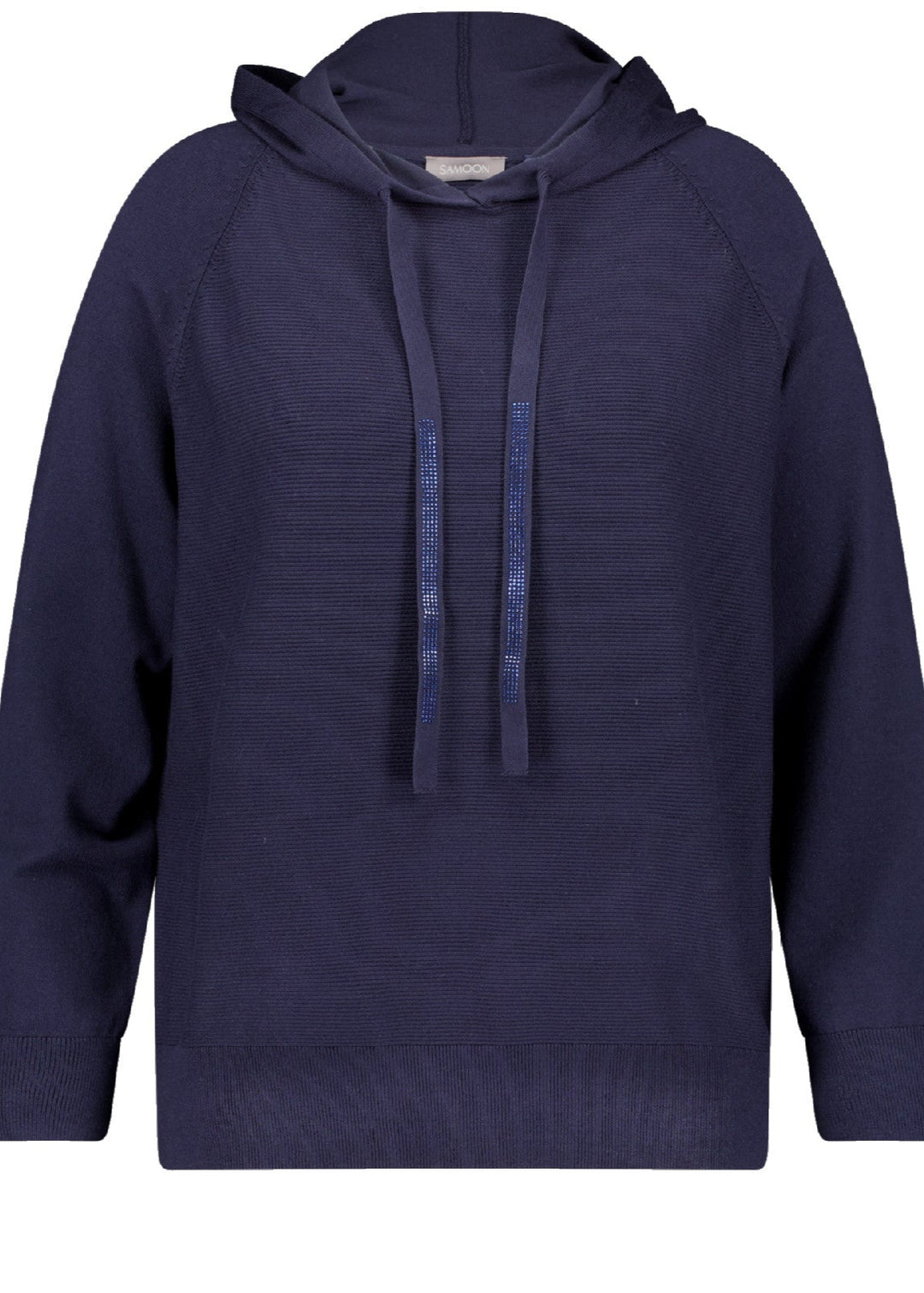 front view of plus size Samoon Hoodie with Sequin Trim in Dark Lake Blue
