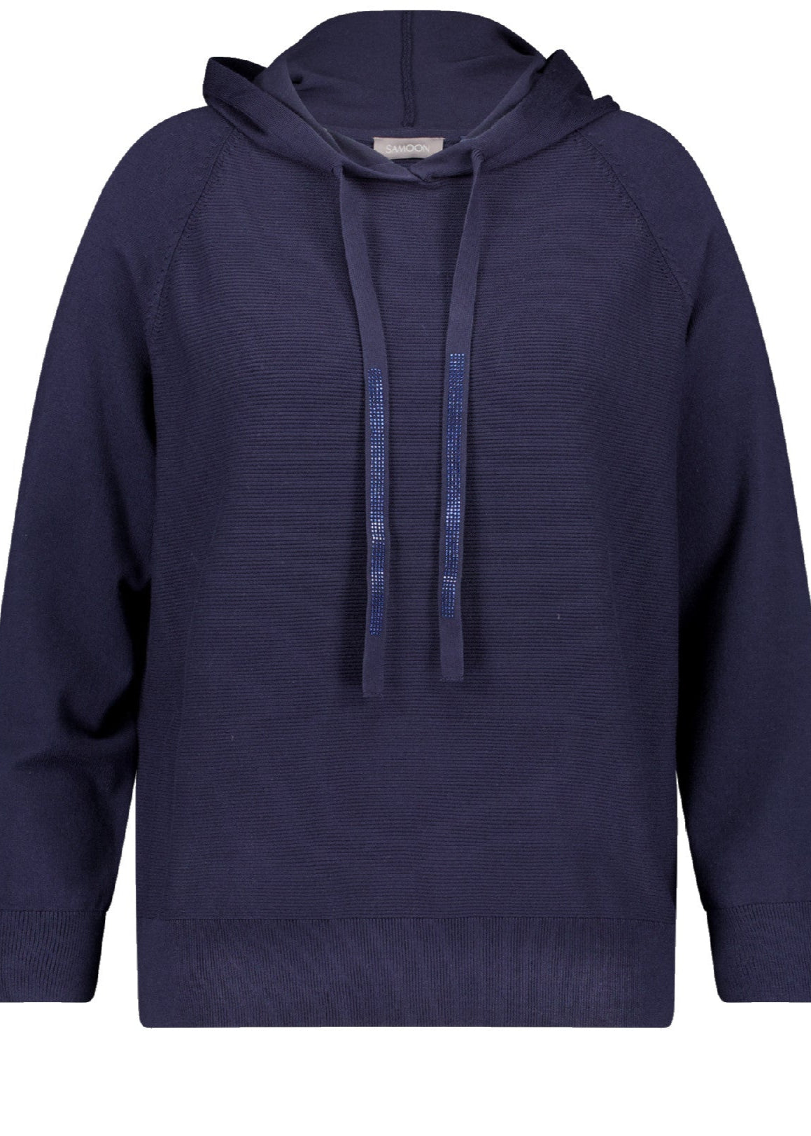 front view of plus size Samoon Hoodie with Sequin Trim in Dark Lake Blue