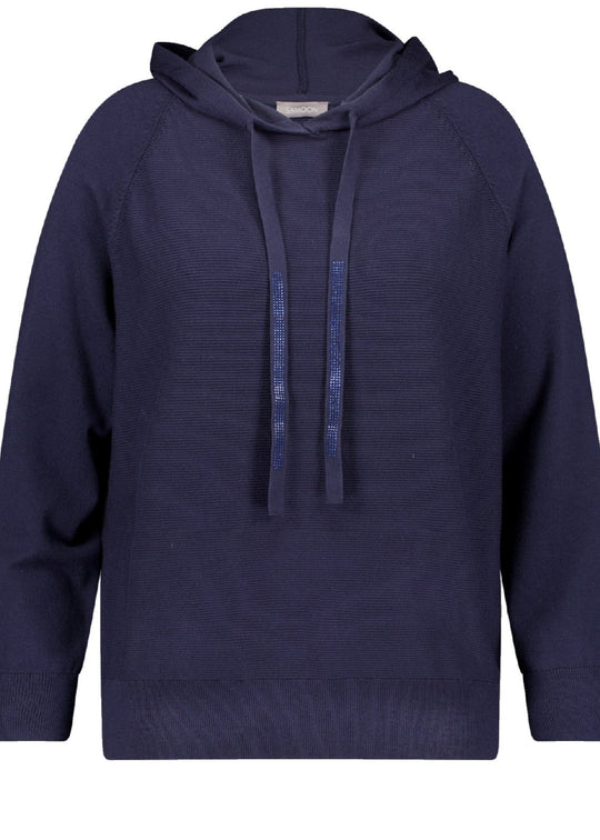front view of plus size Samoon Hoodie with Sequin Trim in Dark Lake Blue