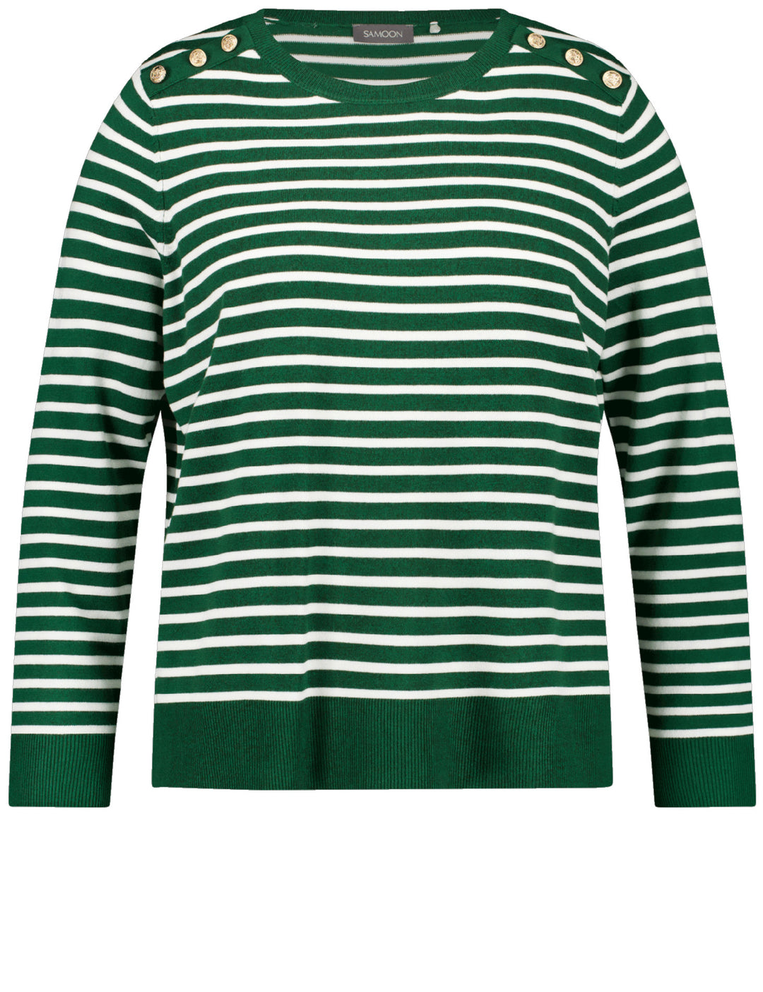 front view of plus size Samoon L/S Striped Tee with Button Shoulder in Dark Green Stripe