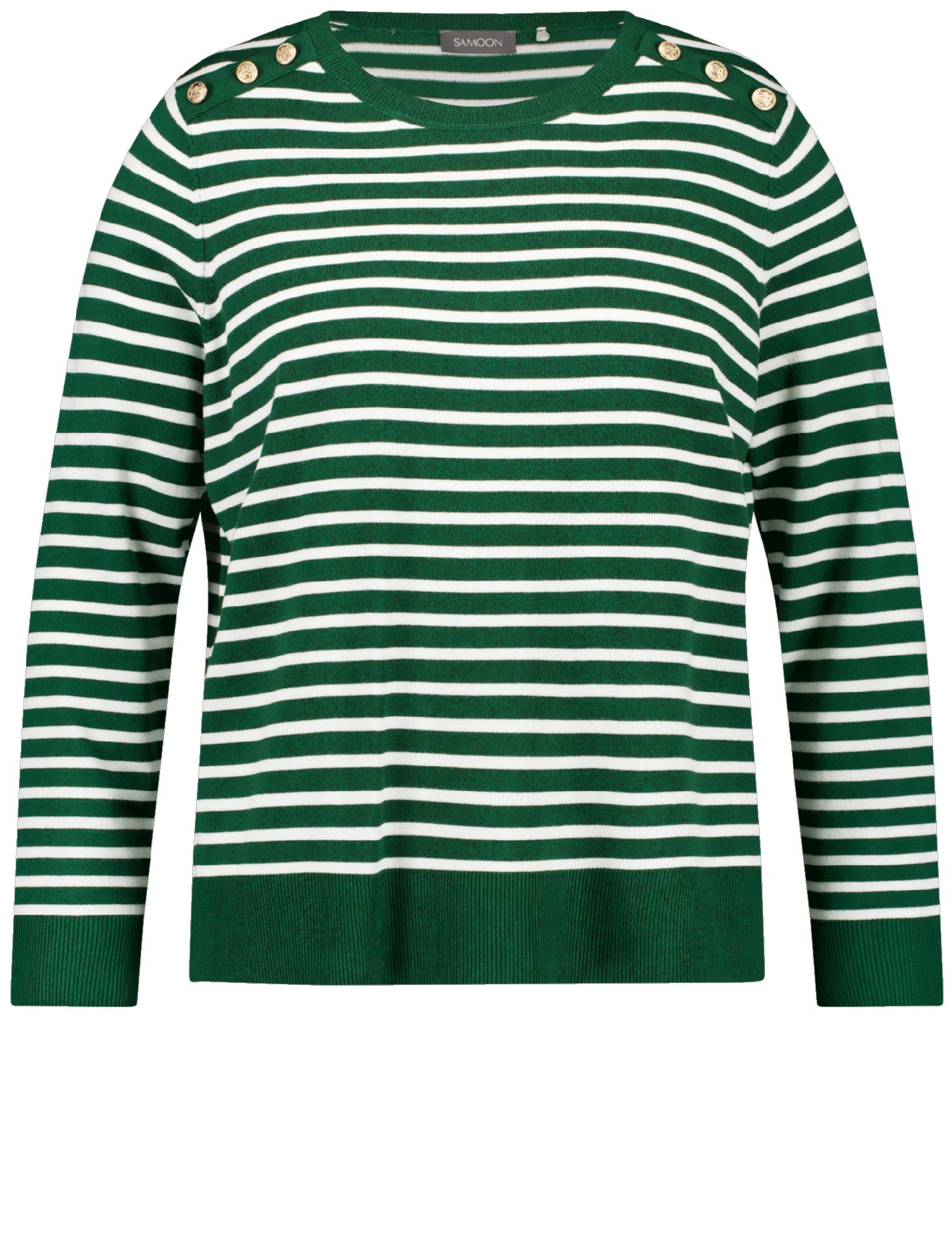 front view of plus size Samoon L/S Striped Tee with Button Shoulder in Dark Green Stripe