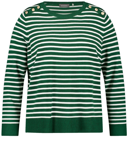 front view of plus size Samoon L/S Striped Tee with Button Shoulder in Dark Green Stripe