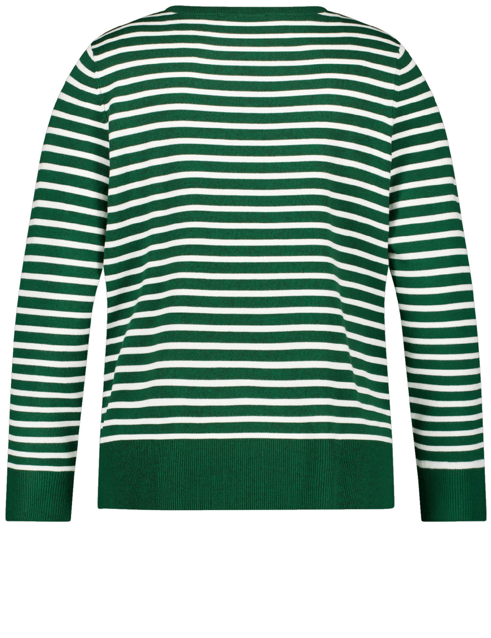 back view of plus size Samoon L/S Striped Tee with Button Shoulder in Dark Green Stripe