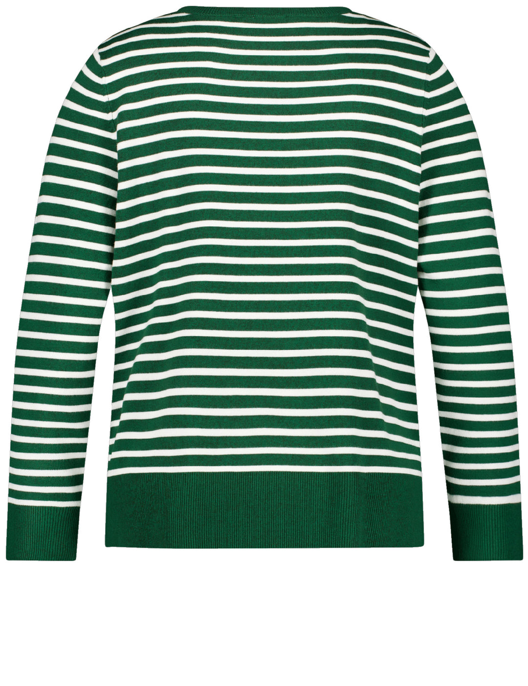back view of plus size Samoon L/S Striped Tee with Button Shoulder in Dark Green Stripe