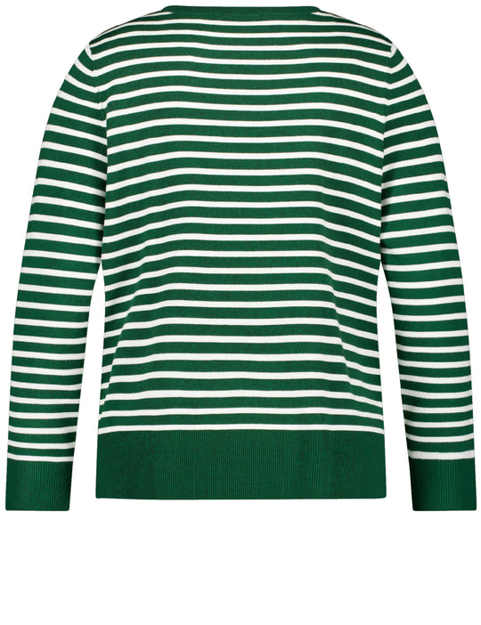 back view of plus size Samoon L/S Striped Tee with Button Shoulder in Dark Green Stripe