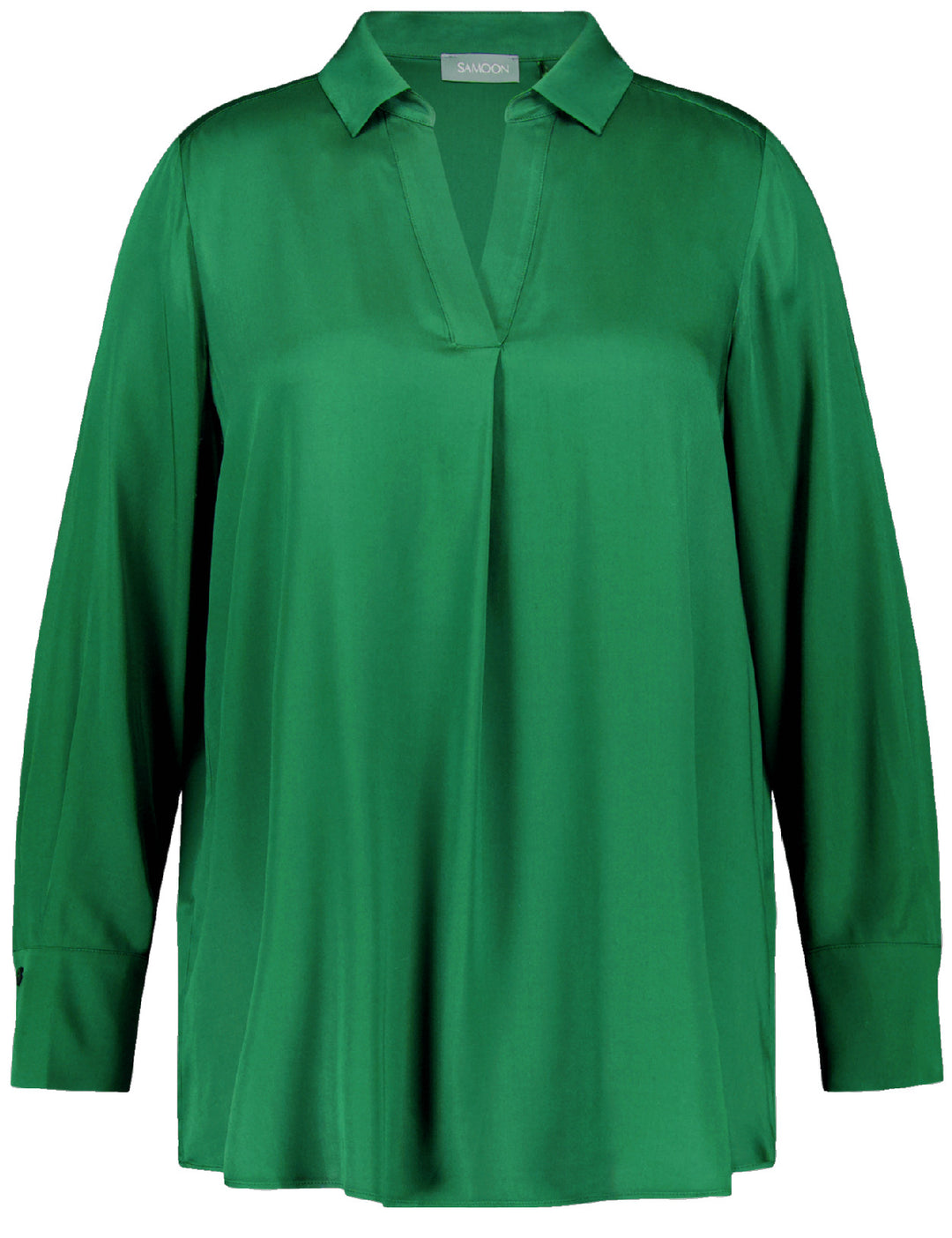 front view of plus size Samoon Split Neck Long Sleeve Blouse in Dark Green