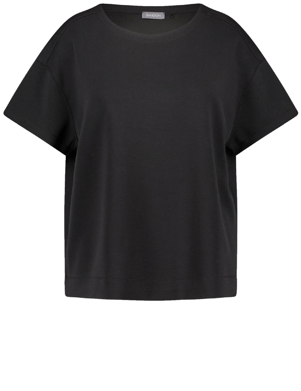 front view of Samoon plus sze Short sleeve stretch cotton modal Jersey Tee in Black