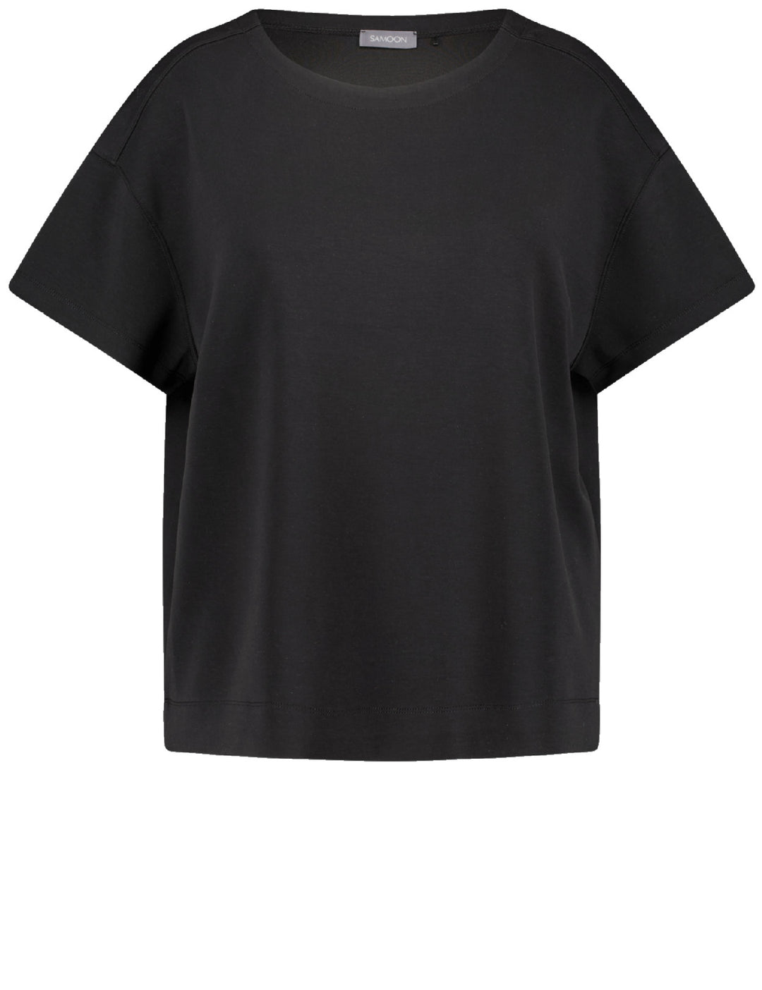 front view of Samoon plus sze Short sleeve stretch cotton modal Jersey Tee in Black