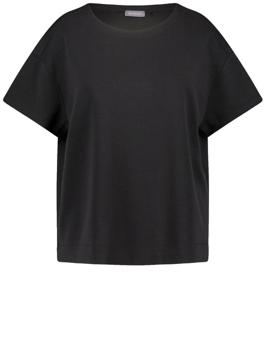 front view of Samoon plus sze Short sleeve stretch cotton modal Jersey Tee in Black