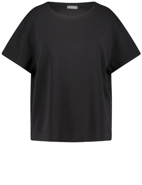 front view of Samoon plus sze Short sleeve stretch cotton modal Jersey Tee in Black