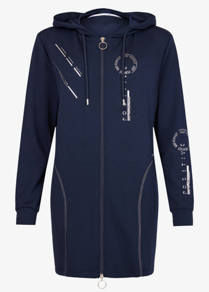 I'Cona Long Zip Front Jacket with Graphic Print in Navy
