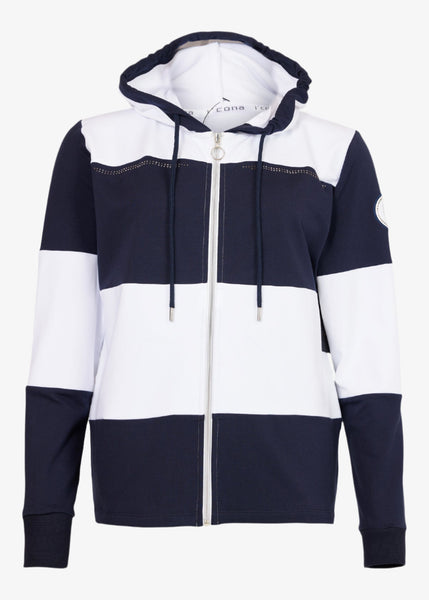 I'Cona Striped Zip Front Hoodie in White/Navy