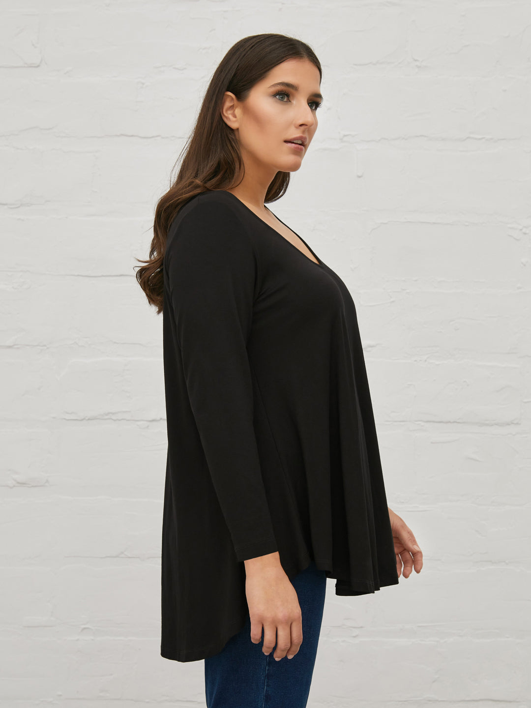 Mat Jersey Long sleeve Top with Deep V neck in Black