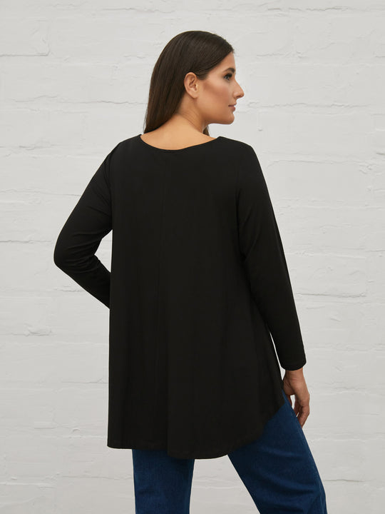 Mat Jersey Long sleeve Top with Deep V neck in Black
