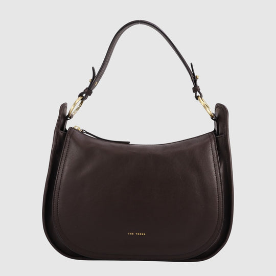 Dark brown shoulder bag with curved silhouette, top handles, and centered logo mark.
