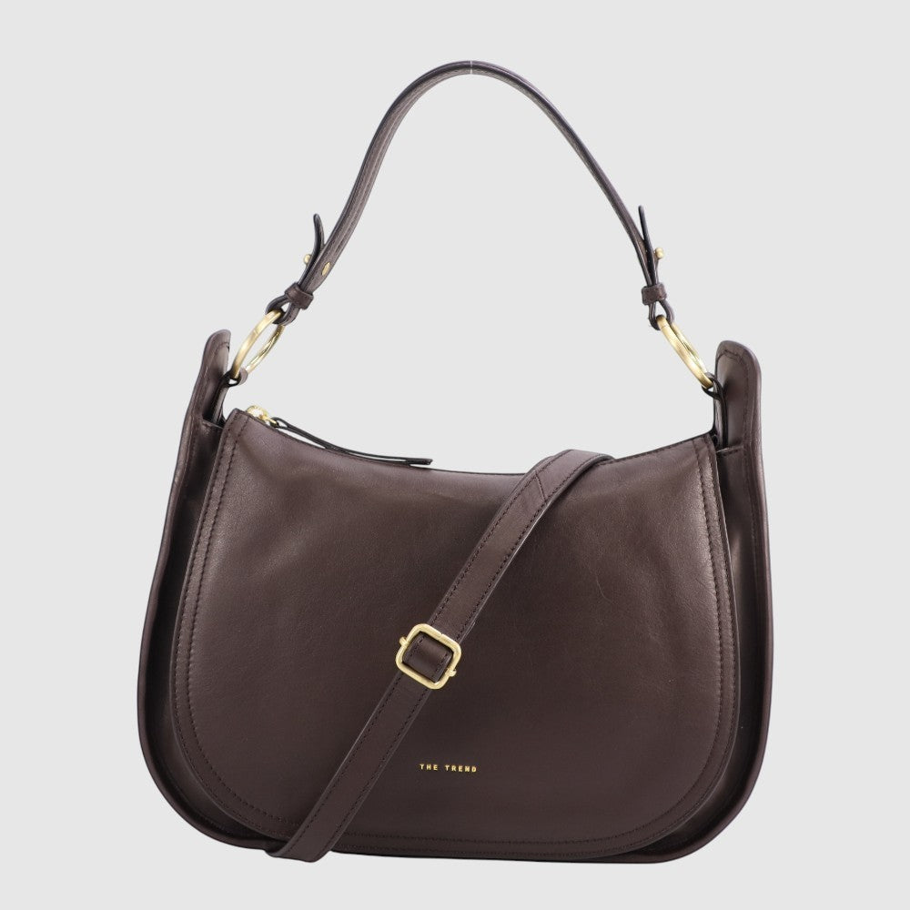 Dark brown hobo bag with adjustable strap, gold buckle, and top zipper opening.