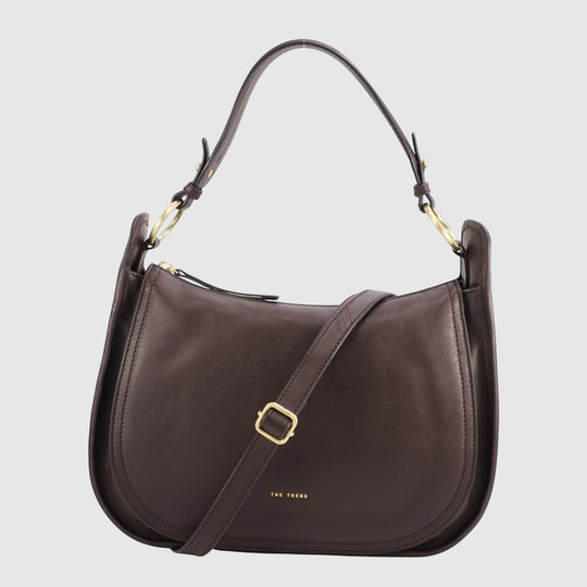 Dark brown hobo bag with adjustable strap, gold buckle, and top zipper opening.