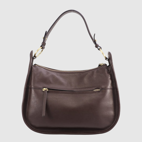 Dark brown shoulder bag with top zip, short handles, and interior front zip pocket.