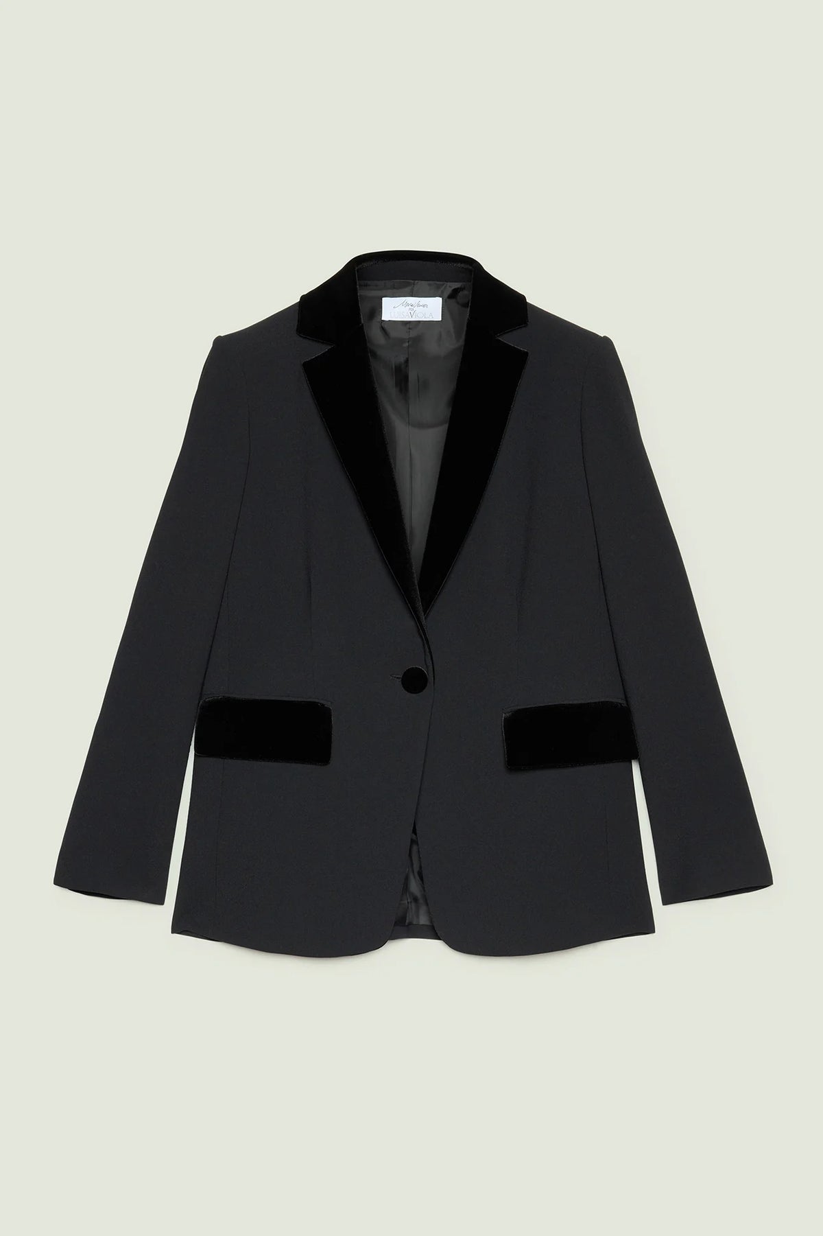 Black tuxedo crepe blazer with velvet lapels and front pockets