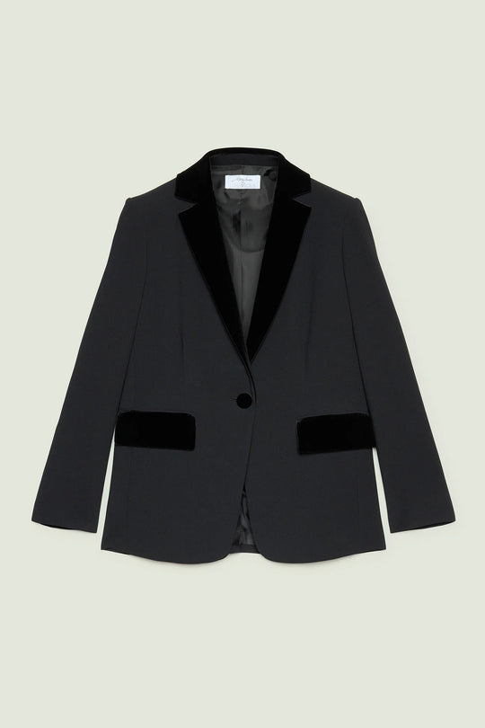 Black tuxedo crepe blazer with velvet lapels and front pockets
