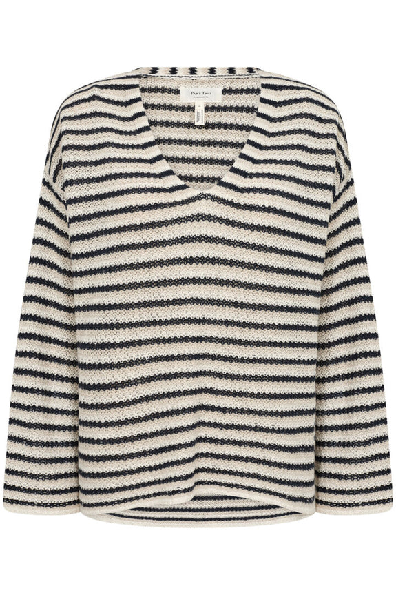 Part Two Nahni Linen V-Neck Long Sleeve Sweater in Navy/Natural Stripe