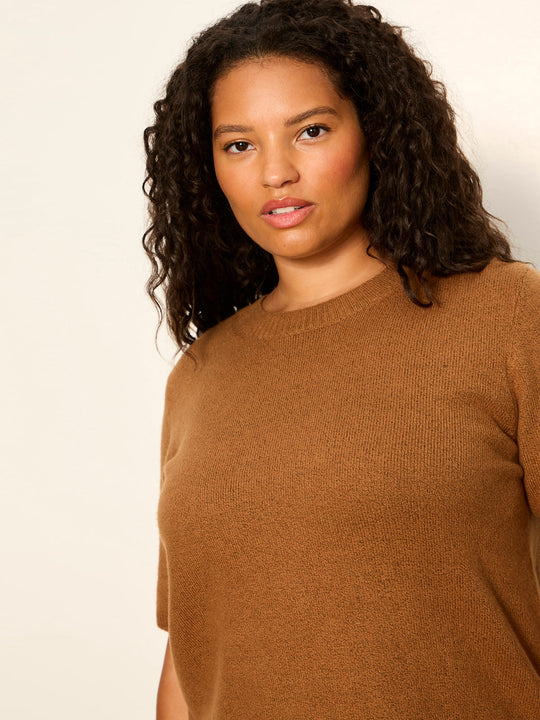 Brown knit short-sleeve tee with ribbed jewel crew neck, neckline detail