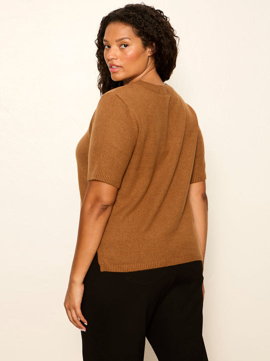 Brown short-sleeve knit tee with ribbed hem and crew neck, back view