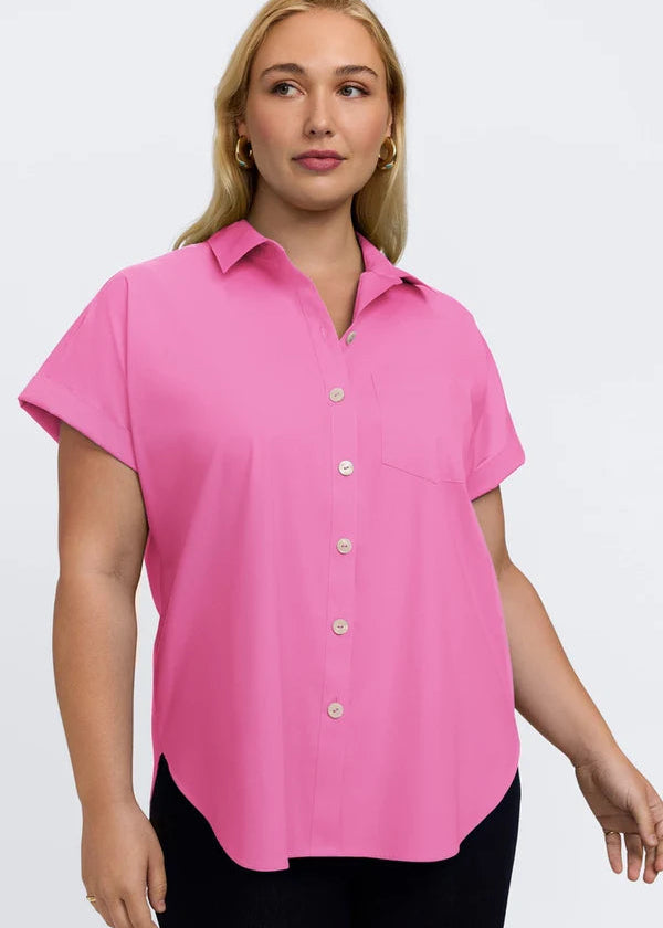 front view of plus size Foxcroft Abigail Short Sleeve Stretch Cotton Shirt in Guava Pink