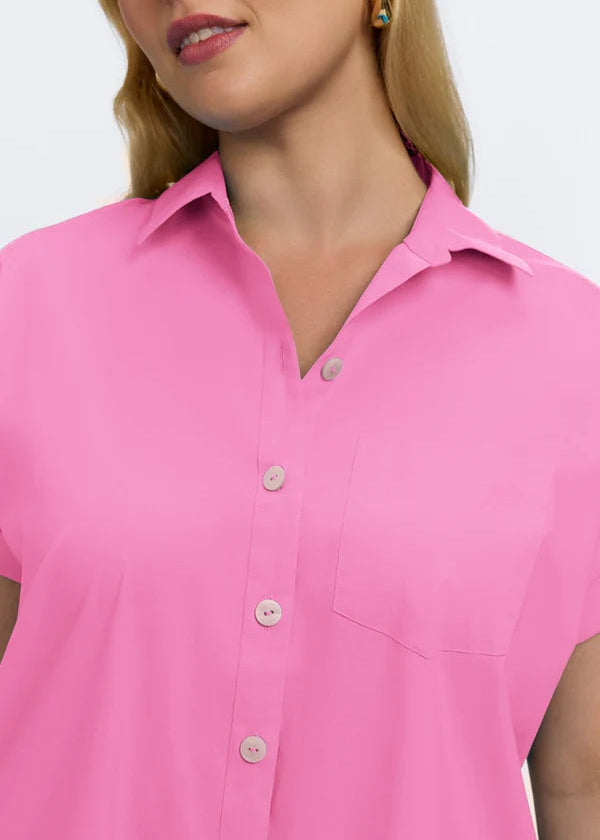 front view of plus size Foxcroft Abigail Short Sleeve Stretch Cotton Shirt in Guava Pink